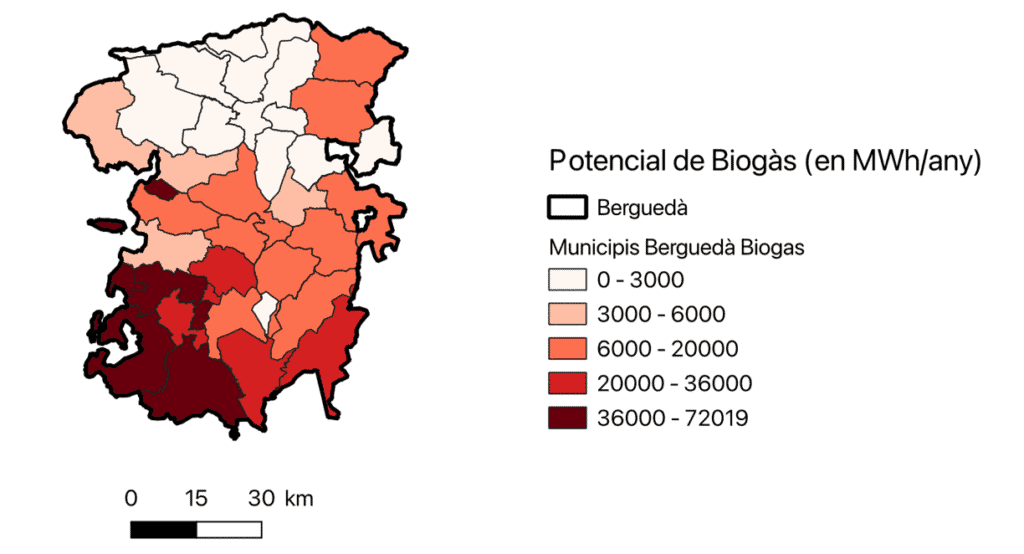 Potencial de biogás en municipios de berguedà, Cataluña, en MWh.