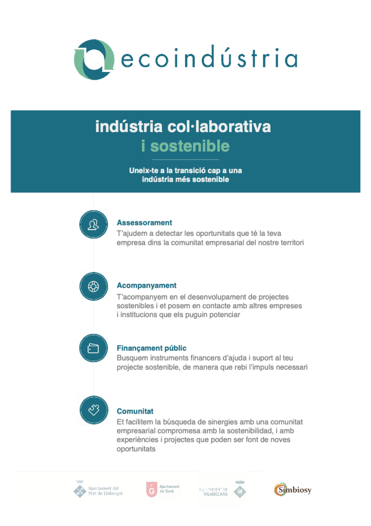 Cartel del proyecto Ecoindústria sobre industria colaborativa y sostenible en el Delta del Llobregat, con servicios de asesoramiento, acompañamiento, financiación pública y comunidad empresarial, impulsado por ayuntamientos locales.