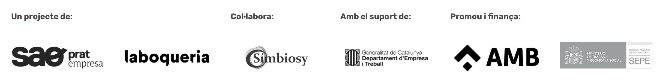 Logotipos de las entidades del proyecto REDO: Saó Prat Empresa y Laboqueria como promotores, Simbiosy como entidad colaboradora, Generalitat de Catalunya – Departament d’Empresa i Treball con el apoyo institucional, y AMB junto al SEPE como organismos que promueven y financian el proyecto.